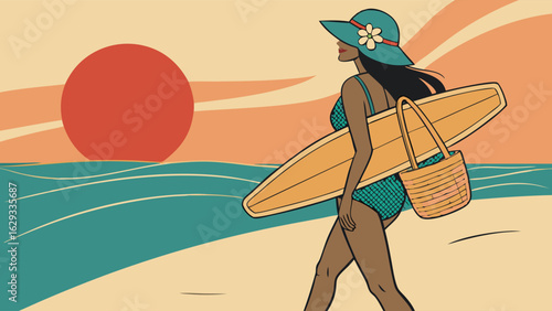 Woman with Surfboard and Beach Bag at Sunset.