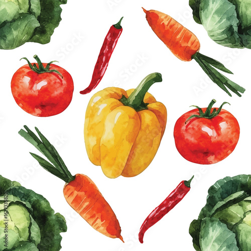 Healthy seamless pattern with hand-painted watercolor cabbage, tomatoes, carrots, chili peppers, and yellow bell pepper on a transparent background.