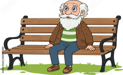 Old man relaxing on a wooden bench in a park surrounded by nature