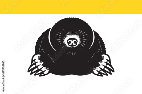 A graphic woodcut style illustration of a subterranean mole with prominent paws, a minimalist black and white design isolated on a clean background.