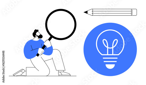 Man kneeling while holding magnifying glass, pencil resting nearby, and glowing lightbulb icon symbolizing ideas. Ideal for research, creativity, learning, innovation, brainstorming, education