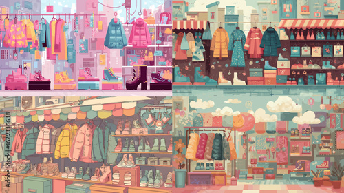 Charming market stalls filled with colorful winter jackets and cozy fashion items, illustrated in a whimsical cartoon style—great for shopping, retail, and fashion content.

