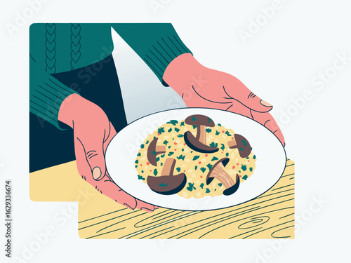 Hands presenting a plate of mushroom risotto person serving