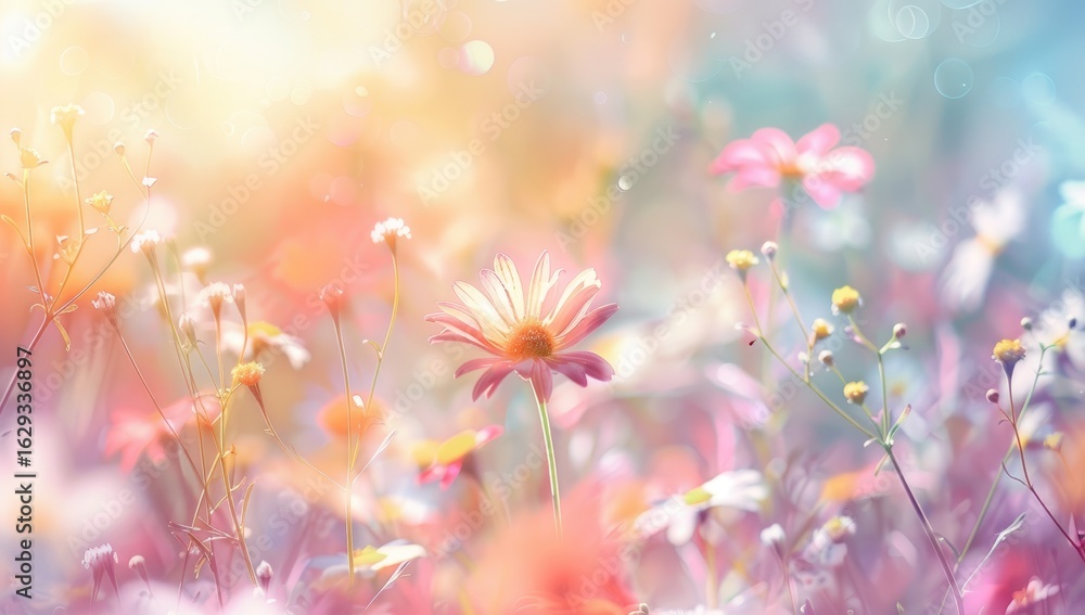 Obraz premium Beautiful spring meadow with colorful wildflowers and daisies, blurred background, copy space for text, sunlight, bokeh effect, pastel colors, bright light.