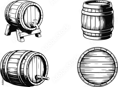 Vintage Wooden Barrel Vector Set: Rustic Container, Storage, Drink Cask Art