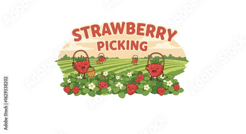 Strawberry Picking Logo Vector – Farm Stand Sign Illustration in Flat Design Style