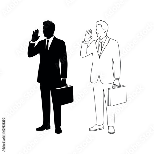 Black silhouette and outline of businessman holding briefcase raising hand vector