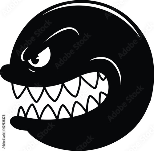 A menacing, black, cartoon face with sharp teeth, glaring angrily.