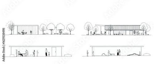 Architectural drawing of modern homes with people and trees