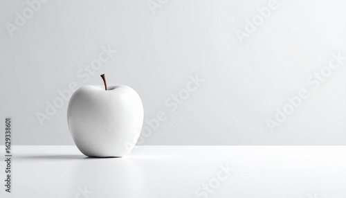 A solitary and surreal white apple on a minimalist background. A conceptual image about simplicity, purity, and uniqueness.