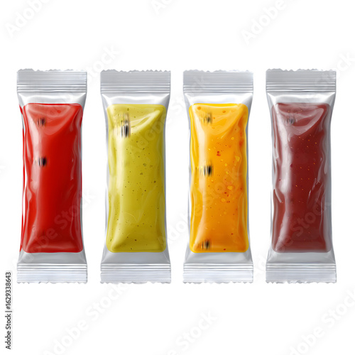 Four colorful sauce packets lined up on a black background in a studio shot isolated image on transparent background