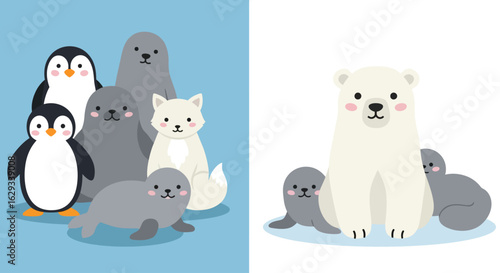 Cute Arctic Animal Vector – Flat Design Solid Color Cartoon Polar Bear and Antarctic Wildlife Characters