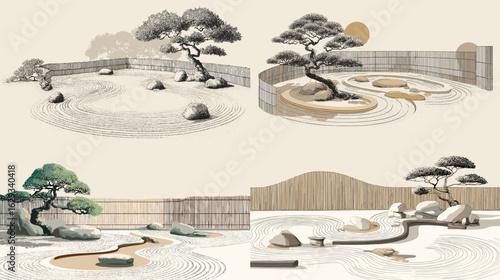 Tranquil Japanese Zen gardens with raked sand, stones, and bonsai trees—perfect for meditation, balance, and minimal landscape-themed visuals.

