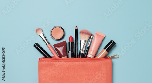 A collection of essential beauty products, such as brushes, lipsticks, and foundations, neatly arranged and emerging from a vibrant coral makeup bag on a light blue surface.