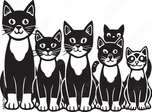 A cartoon illustration of a cute black cat with a long tail and heart icons