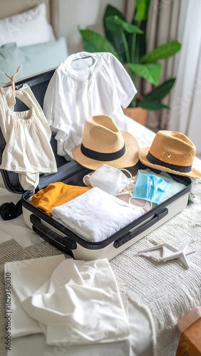 Open suitcase on bed, filled with clothing, hats, and face masks, ready for travel
