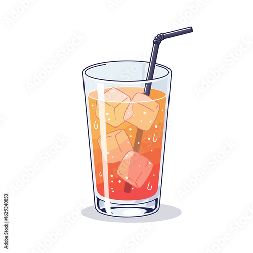 Refreshing drink with ice cubes in a glass with a straw  