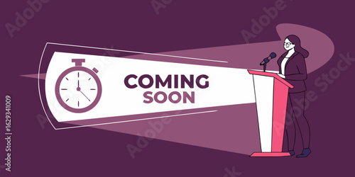 Coming Soon promotional banner with podium base, timer tag purple background.