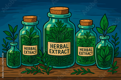 Herbal extract jars with green leaves on wooden surface  