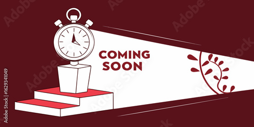 Coming Soon promotional banner with podium base, timer tag dark red  background.