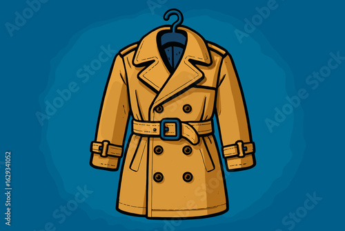 Yellow trench coat hanging on a hanger against a blue background  