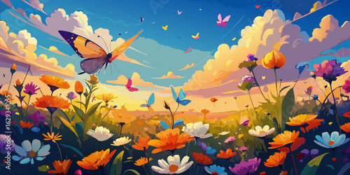 Tropical cartoon fish swim among vibrant coral and plants in a clear blue aquarium, illustrating colorful underwater ocean life