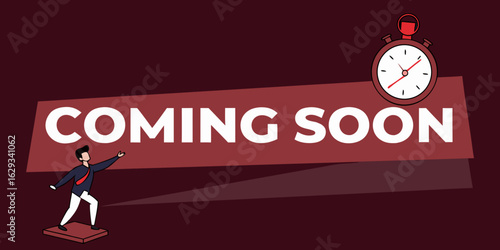 Coming Soon promotional banner with podium base, timer tag dark red  background.