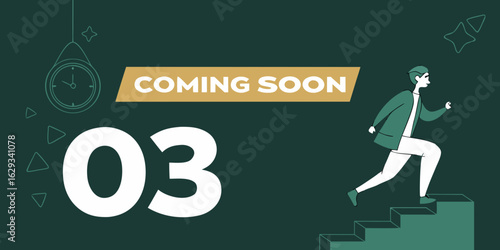 Coming Soon promotional banner with podium base, timer tag,green  background.