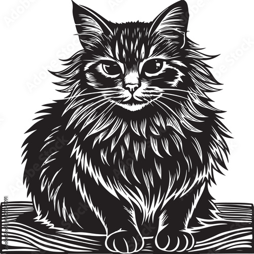 An adorable black and white kitten sitting with fluffy fur is an isolated vector illustration of a domestic feline