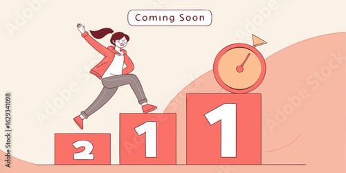 Coming Soon promotional banner with podium base, timer tag pink background.