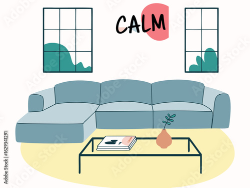 Living room scene with sectional sofa coffee table and windows with text CALM interior