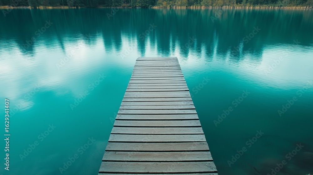 Fototapeta premium A wooden dock extends into a calm turquoise lake, mirroring nearby trees in tranquility