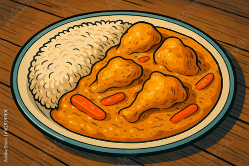 Chicken curry dish with rice and carrots on wooden table  