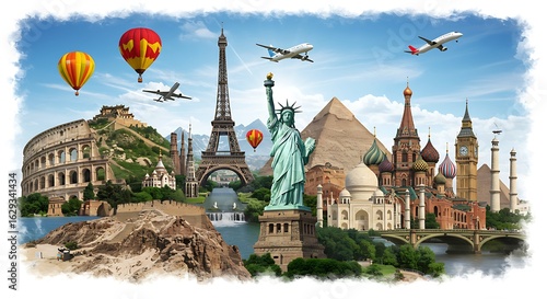 This image visually represents the concept of global travel, featuring a collection of famous landmarks.

