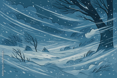 Winter landscape with snowstorm and bare trees in blue tones  