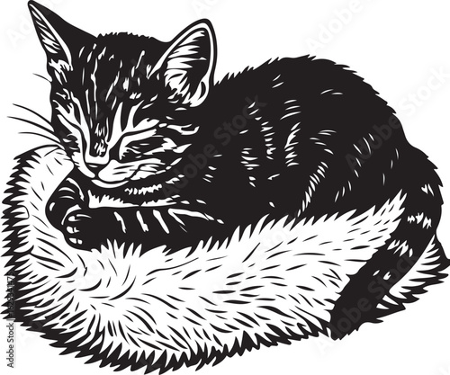 Black hand drawn sketch illustration of a cute wild kitten with shaggy fur