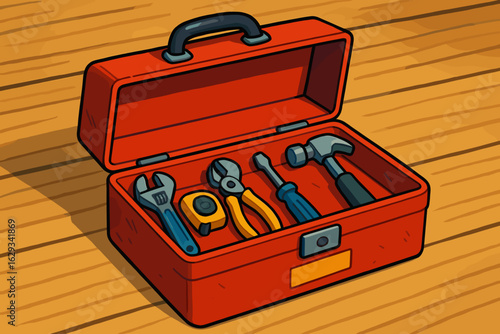 Red toolbox with various tools arranged on wooden surface  