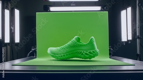 Green 3D Printed Sneaker Prototype Rotating on Green Screen in Studio