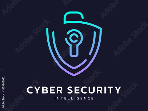 Cyber security intelligence protection shield with access key network lines technology logo vector design concept. Abstract shield security icon logotype symbol for ID protection, privacy solution, ui