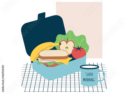 Open lunchbox with sandwich and mug saying Good Morning food meal