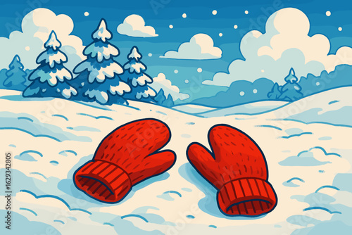 Red mittens lying in the snow with pine trees in winter landscape  