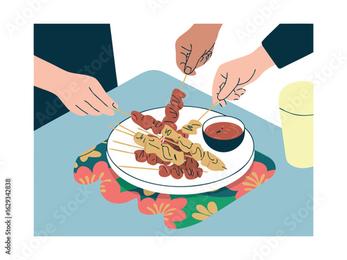 People Enjoying Skewered Food and Dipping Sauce at a Gathering hands sharing