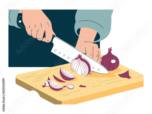 Person Chopping Red Onion On A Wooden Cutting Board slicing