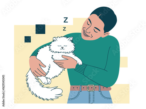 Person embracing a fluffy white cat with closed eyes and Zzzs animal feline
