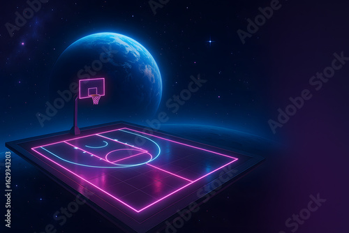 Futuristic Basketball Court with Neon Lighting Set Against a Cosmic Background in Outer Space