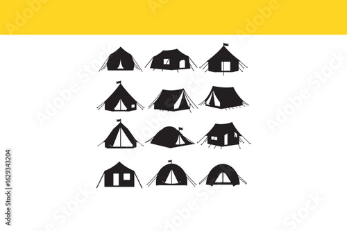 A diverse collection of various hand-drawn camping tent icons. A set of black silhouettes for outdoor adventure and travel design concepts.