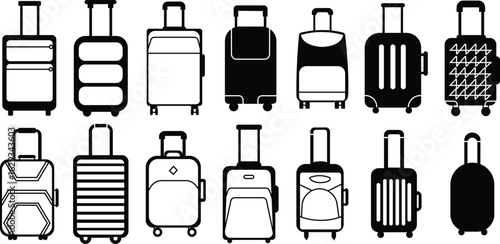 Luggage, suitcase and travel bag icons set in flat styles, black vectors group collection, carry-on case symbols bundle, tourism baggage silhouette, airport trip design and trolley illustrations.