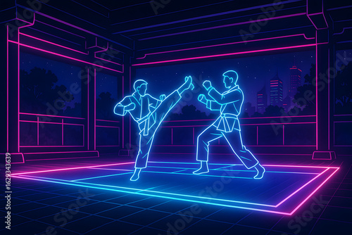 Neon Karate Fighters in a Futuristic Dojo Setting