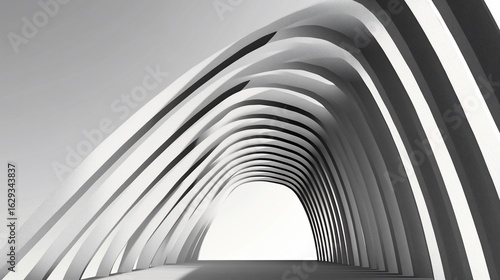 Abstract grayscale rendering of repeating arched structures creating a tunnel effect, leading to a bright opening