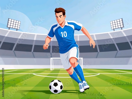 Soccer Player Dribbling on Green Field in Stadium Illustration